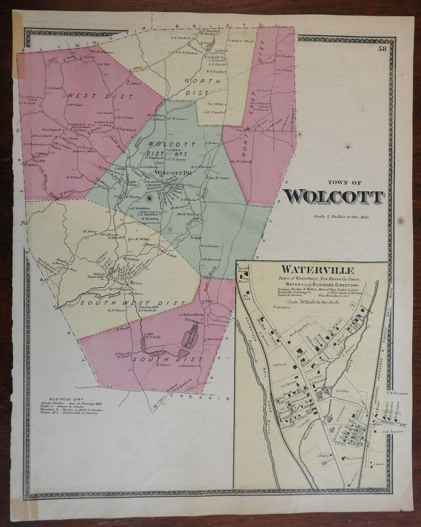 Wolcott & Waterville Connecticut 1868 F.W. Beers detailed town and city plan
