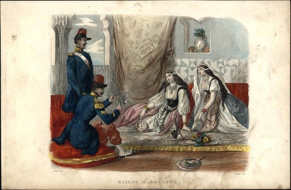 Moroccan Harem house interior prostitutes soldiers 1844 antique print smoking