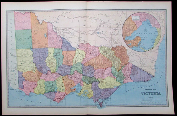 Victoria Australia antique map 1888 very large detailed uncommon Port Phillip