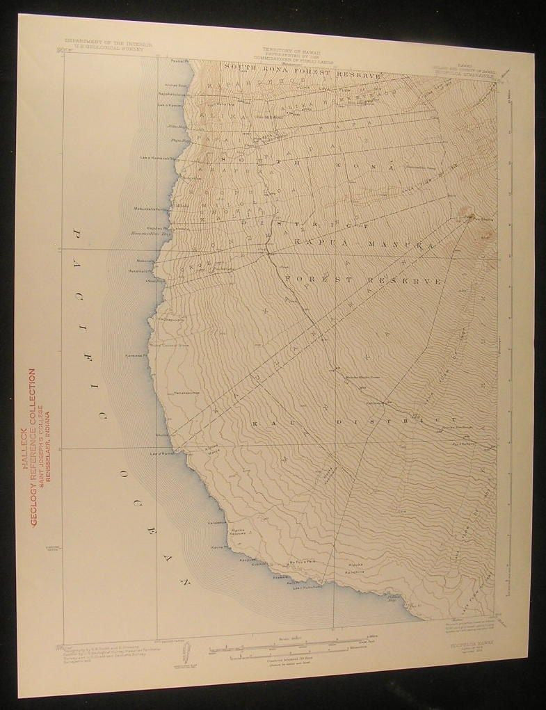 Hoopuloa Hawaii Kapua Manuka Forest Reserve 1933 antique color lithograph map