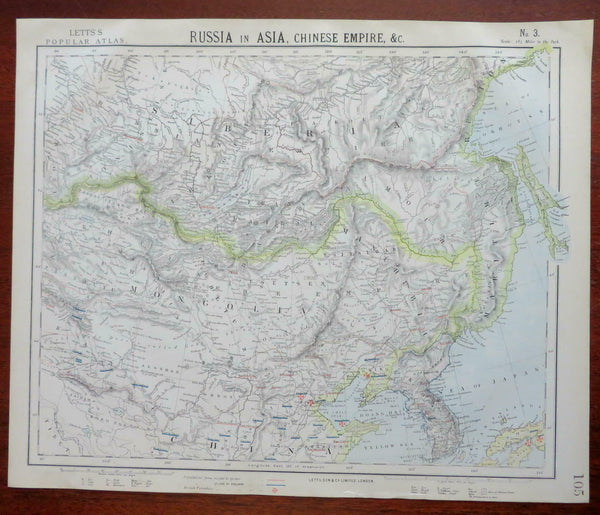 Qign Empire China Mongolia Korea Russian Empire 1883 Letts scarce map