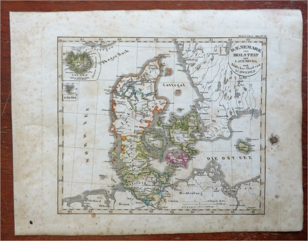 Kingdom of Denmark Iceland Faroe Islands Copenhagen 1843 Stieler engraved map