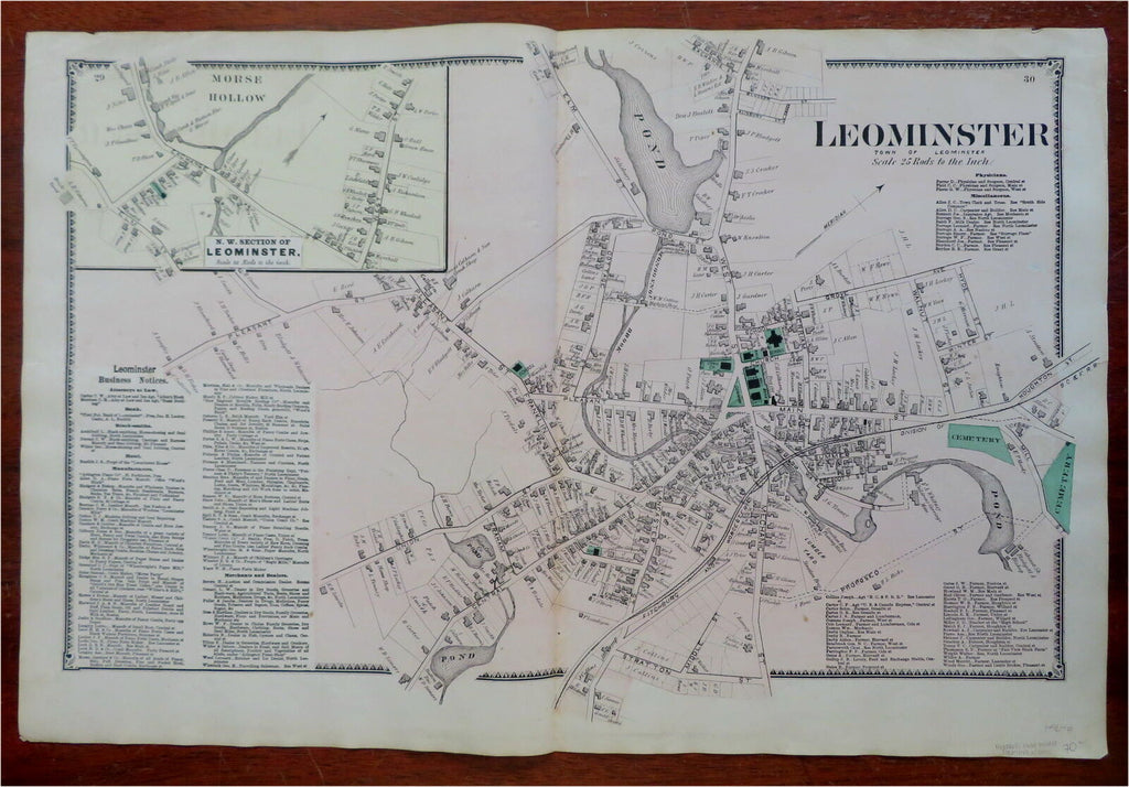 Leominster Worcester County Massachusetts 1870 F.W. Beers detailed city plan