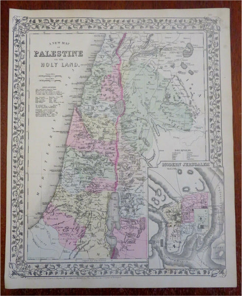 Holy Land Israel Palestine 12 Tribes Jerusalem Dead Sea 1882 Mitchell map