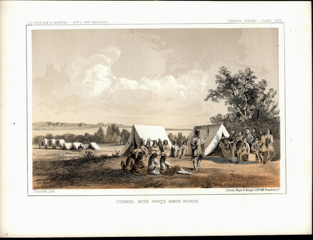 White Man's Horse Council Indians Tents nice c. 1855 original antique view print