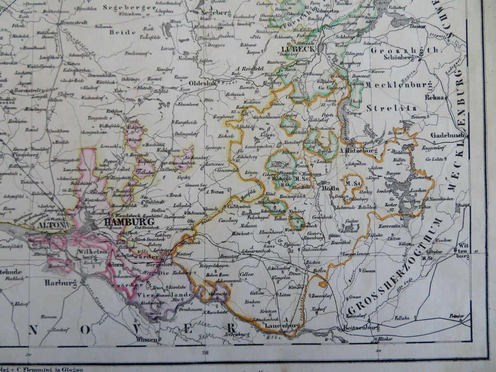 Holstein German Confederation Hamburg Lubeck Elbe 1852 Flemming detailed map