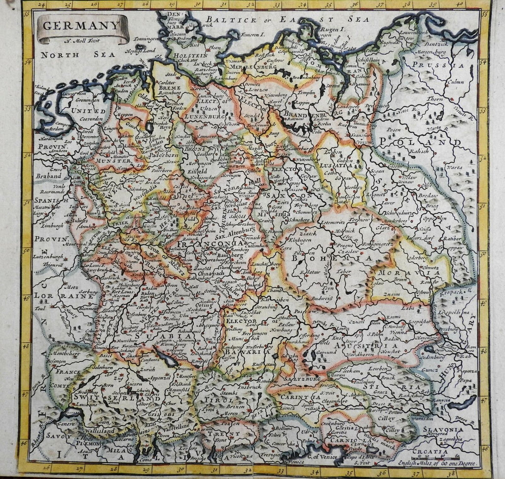 Holy Roman Empire Germany Austria Bohemia 1713 Moll miniature map hand color