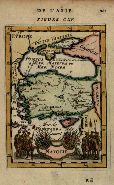 Ottoman Anatolia Natolia 1683 Mallet miniature map hand color warrior cartouche