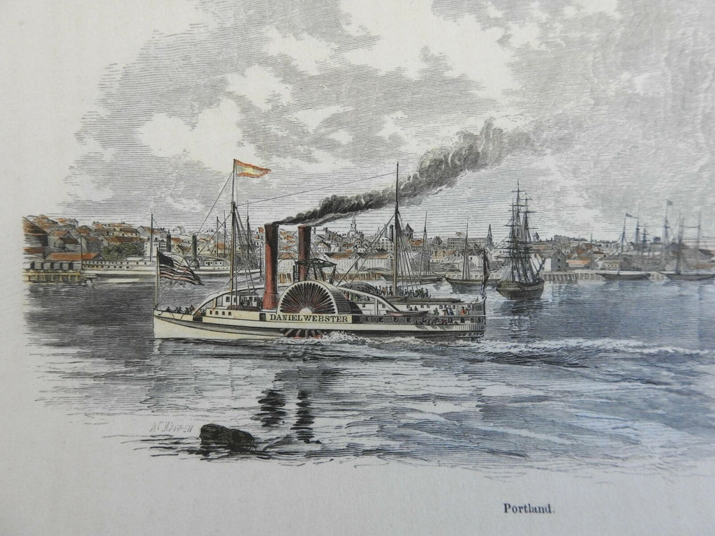 Portland Maine Harbor View Steam Ship "Daniel Webster" 1859 city view fine print