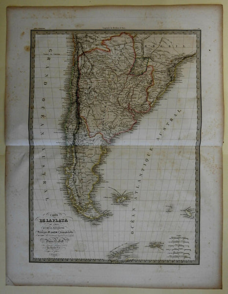 Patagonia De La Platta Tierre del Fuego South America 1829 Lapie large folio map
