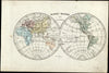 World double Hemispheres active volcanoes old map 1834 scarce Tardieu Perrot