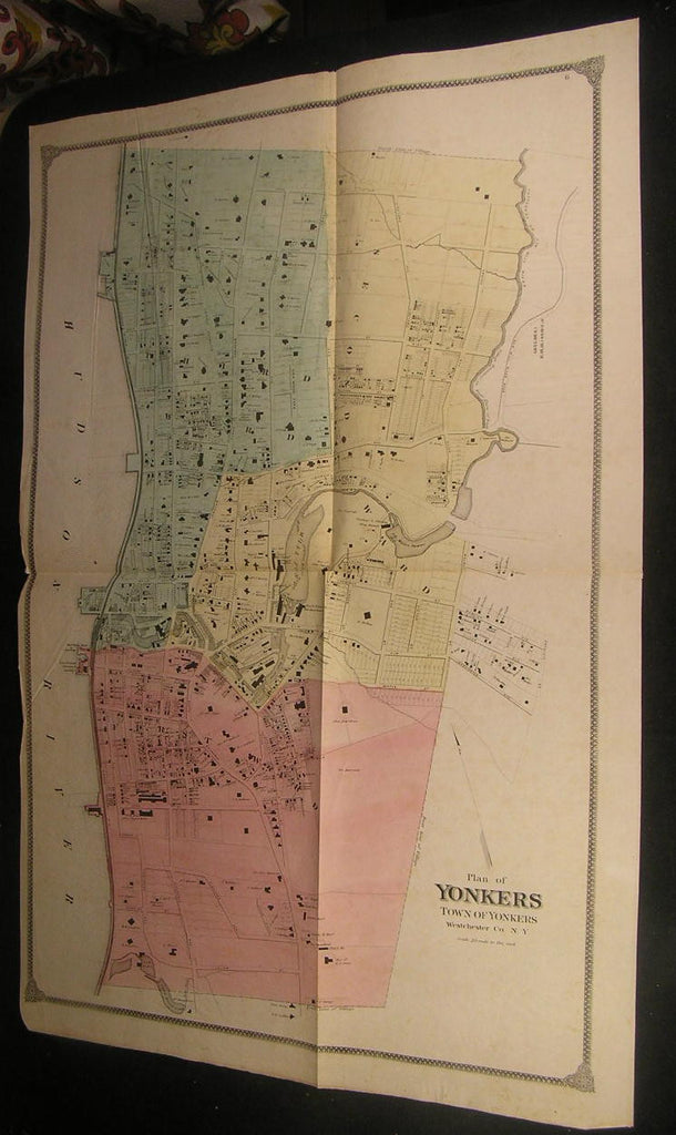 Yonkers Westchester County New York ca. 1870's Huge antique city plan hand color