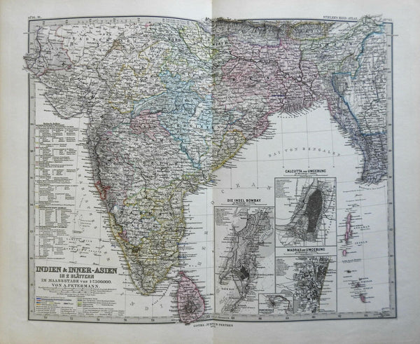 Southern India Bombay Madras Calcutta Sri Lanka 1875 Stieler detailed map