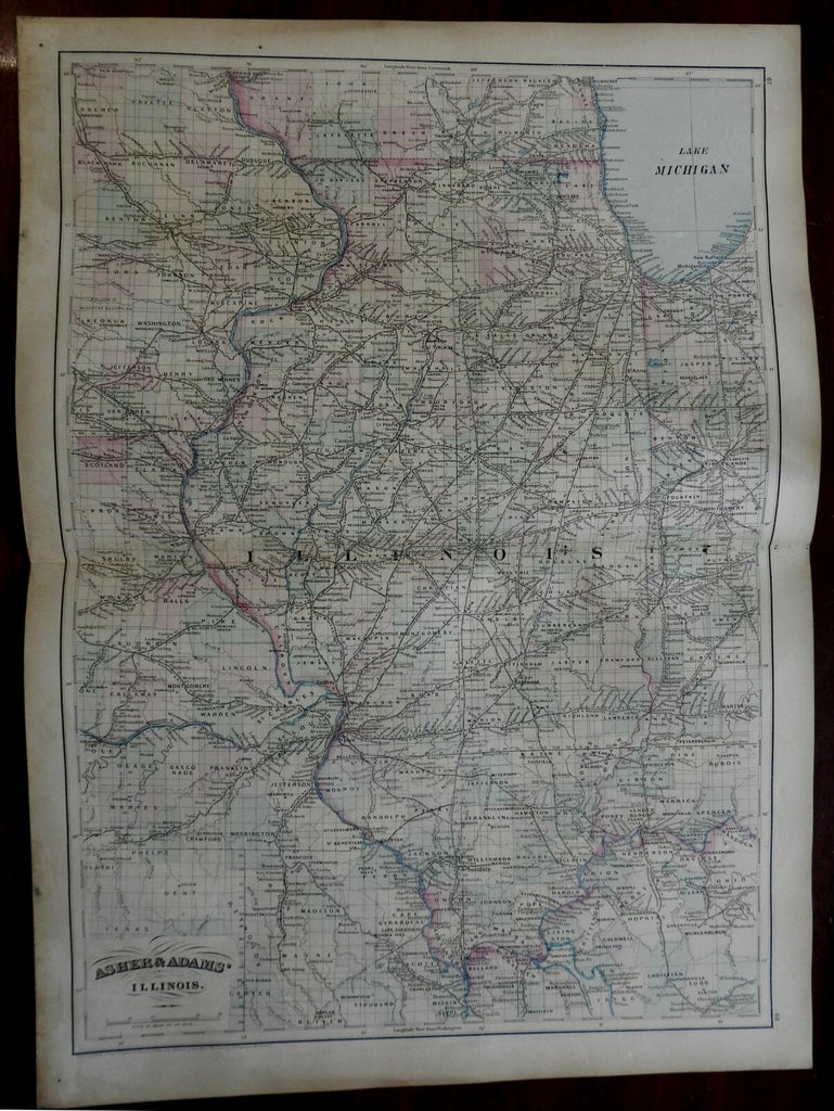 Illinois State Map Chicago Mississippi River Lake Michigan 1872 Asher & Adams