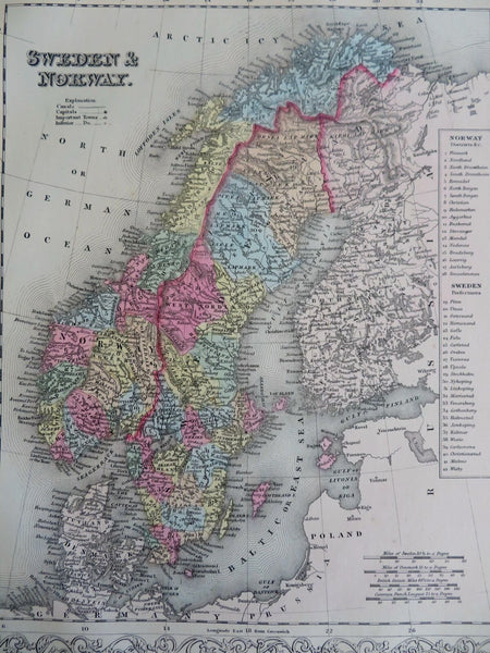 Sweden & Norway Oslo Stockholm Bornholm Trondheim 1856 DeSilver scarce fine map