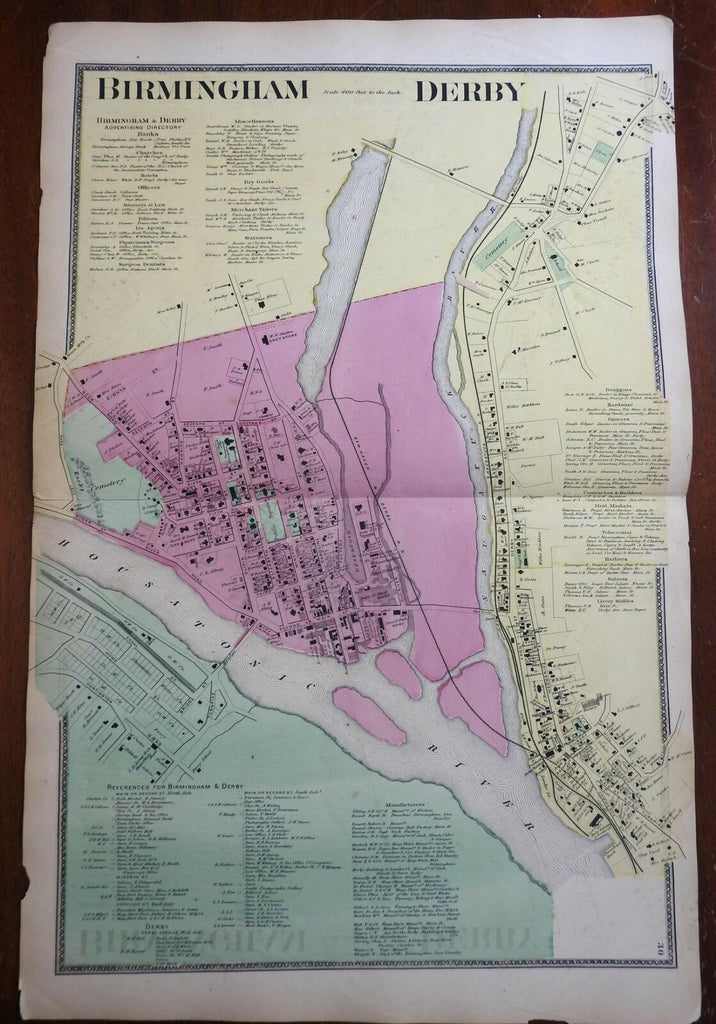 Birmingham & Derby Connecticut 1868 F.W. Beers large detailed city plan