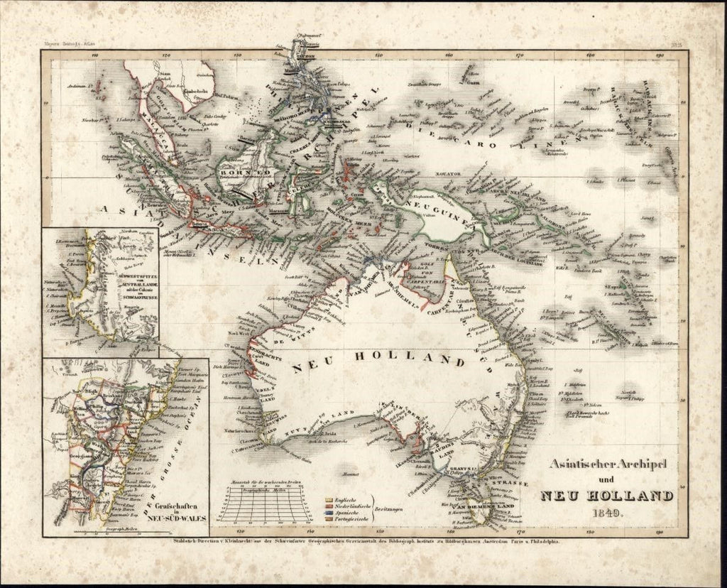Australia New Holland Philippines c.1849 Meyer scarce detailed antique map