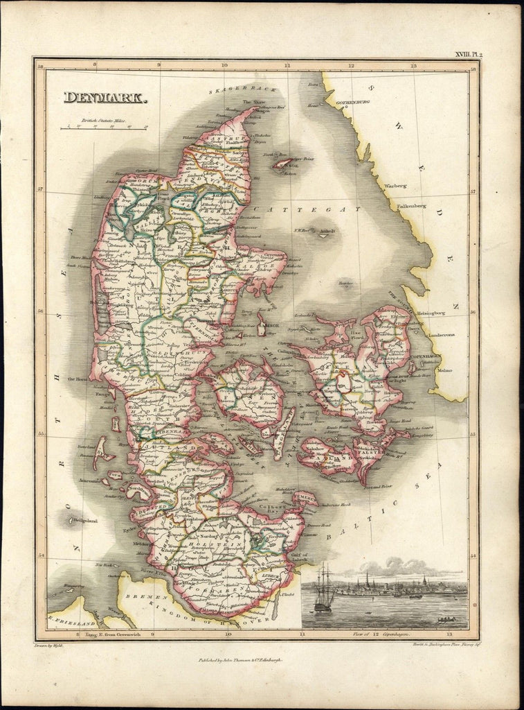 Denmark Jutland w/ Copenhagen view beautiful 1819 Thomson antique old map