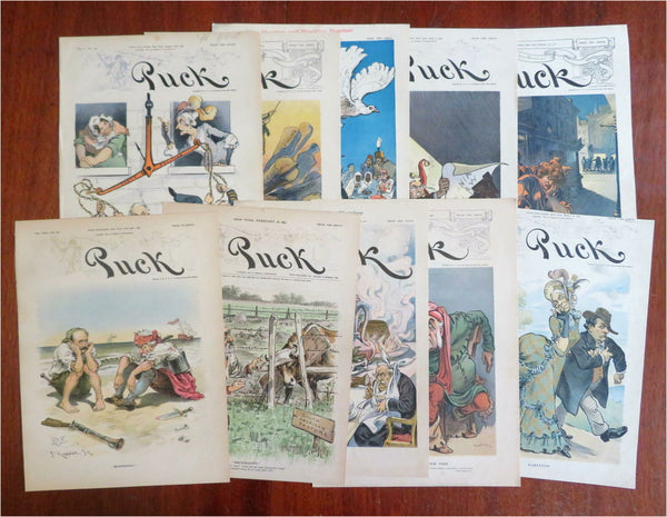 Puck covers Political Cartoons Keppler art 1891- 1911 Lot x 10 old color prints