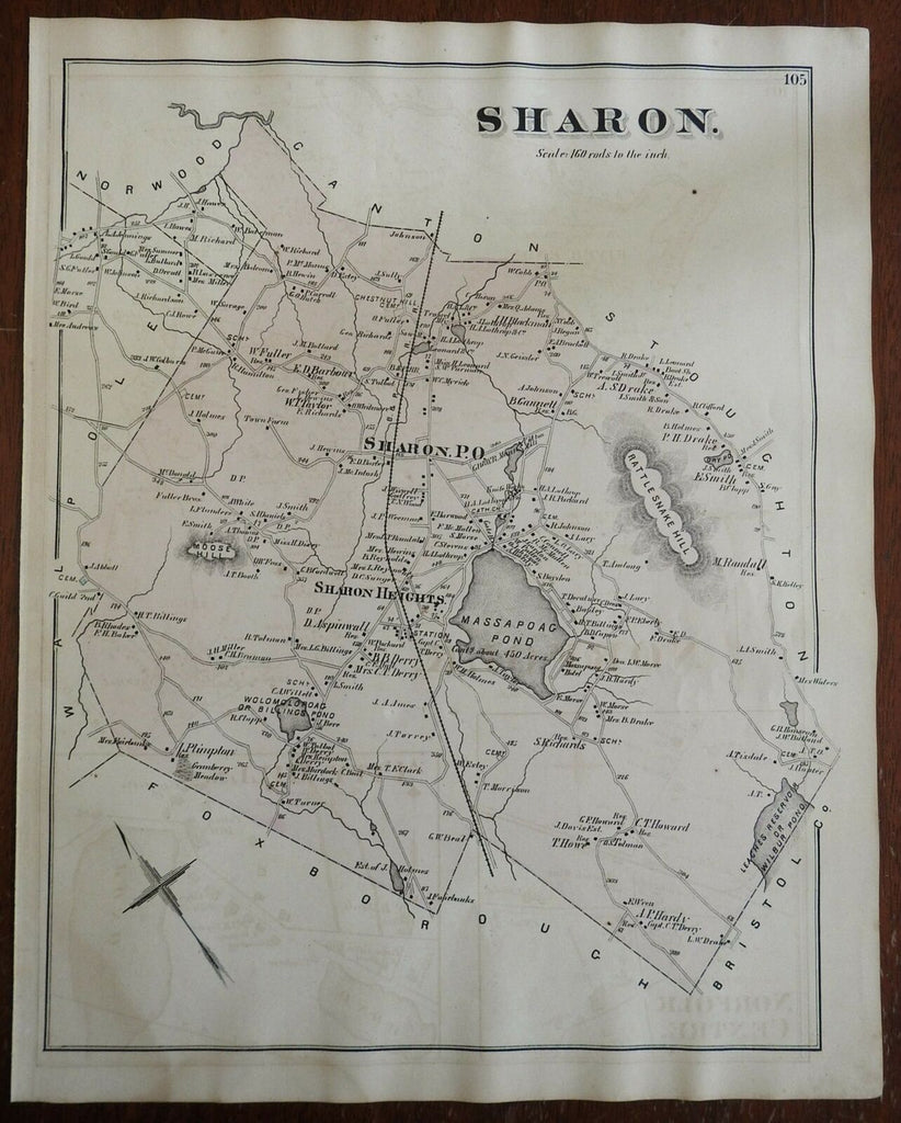 Sharon Township Norfolk County Massachusetts Massapoag 1876 detailed antique map
