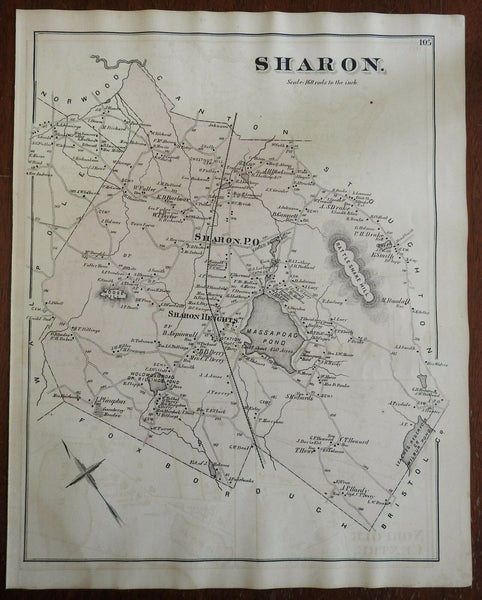 Sharon Township Norfolk County Massachusetts Massapoag 1876 detailed antique map