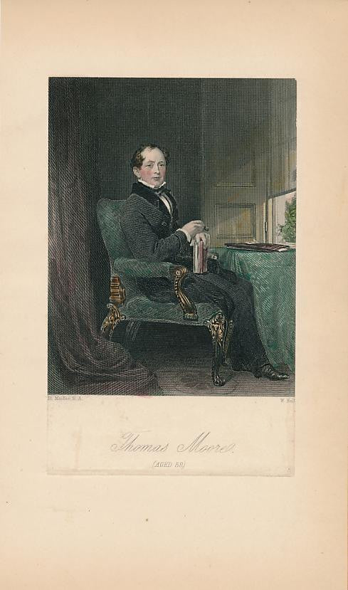 Thomas Moore aged 58 c. 1850s fine old hand colored portrait print