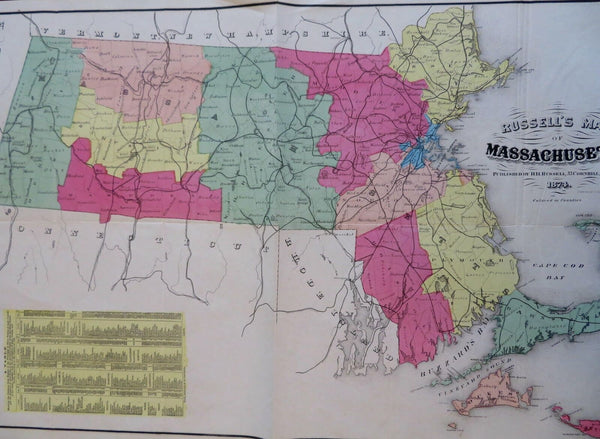 Massachusetts State Map 1874 Russell scarce oversize bond paper folding map