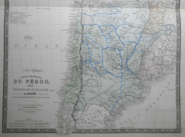 South America Peru Bolivia La Plata 1835 Brue large detailed map hand color