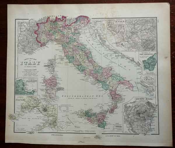 Italy Rome Palermo Naples San Marino Mt Etna 1878 O.W. Gray color fine map