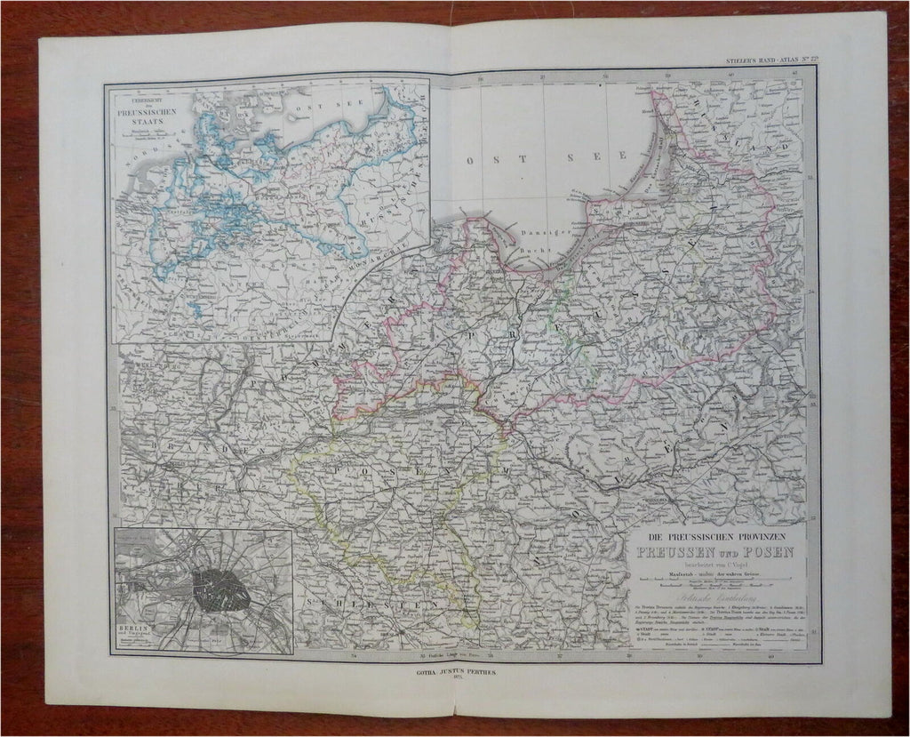 Prussia & Posen Kingdom of Prussia Berlin Brandenburg 1875 Vogel detailed map