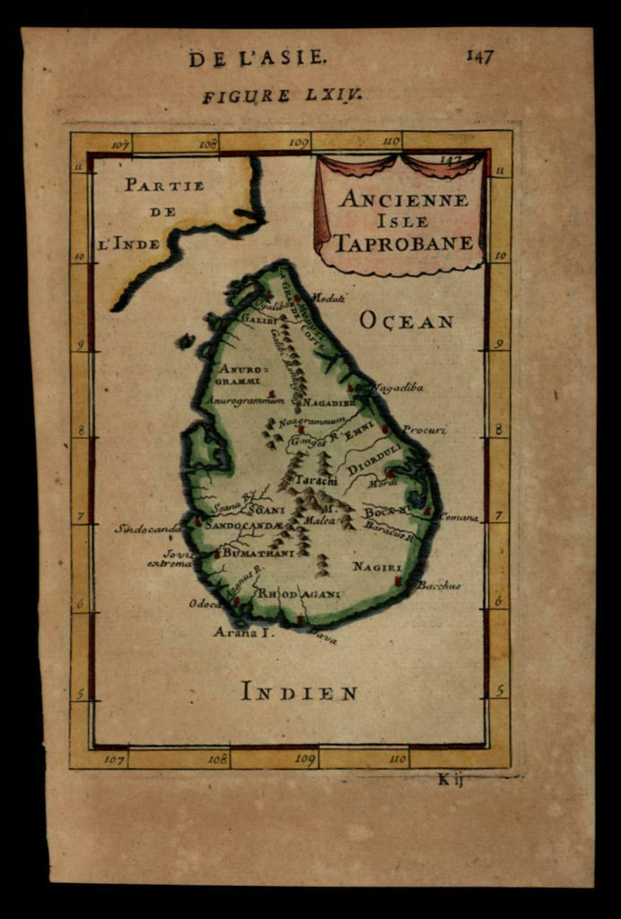 Ceylon Taprobana India island 1683 Mallet miniature map w/ nice hand color