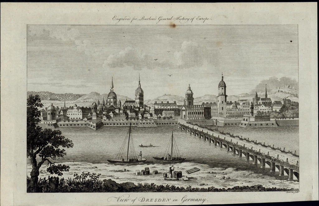 Dresden Germany Architecture Bridge Sailboats River fine ca. 1790 antique view