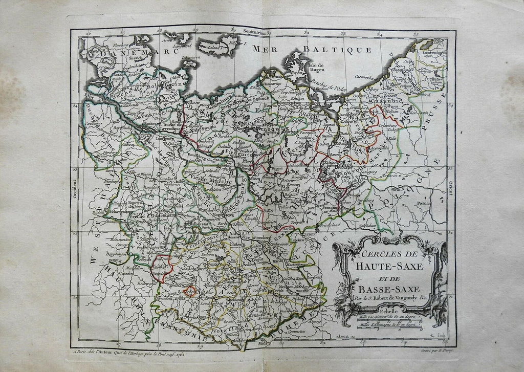 Upper & Lower Saxony Holy Roman Empire Hamburg Berlin Baltic 1761 Vaugondy map