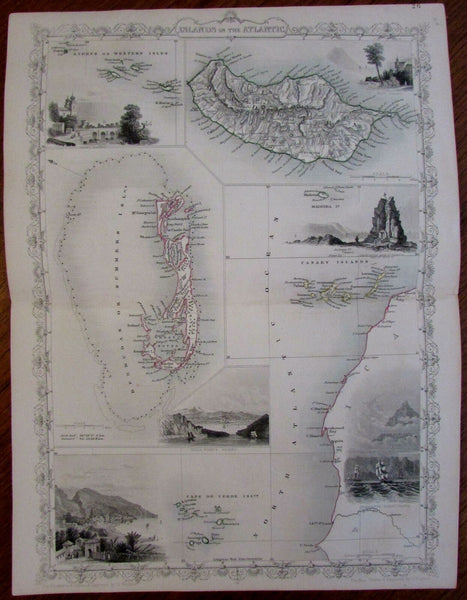 Bermuda Atlantic Islands Madeira Cape Verde Azores c.1855 Tallis decorative map