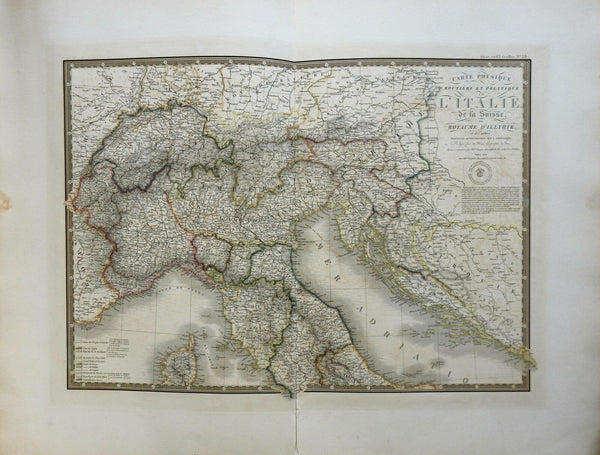 Northern Italy Switzerland Savoy Parma 1836 Brue large detailed map hand color