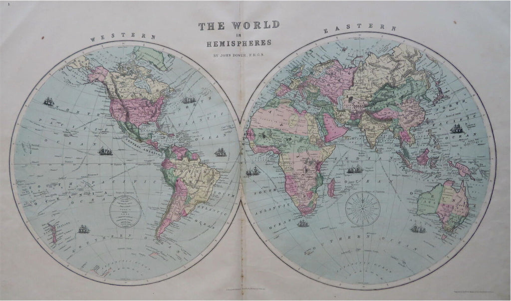 World Map in Double Hemispheres Sailing Ships 1873 Dower large map