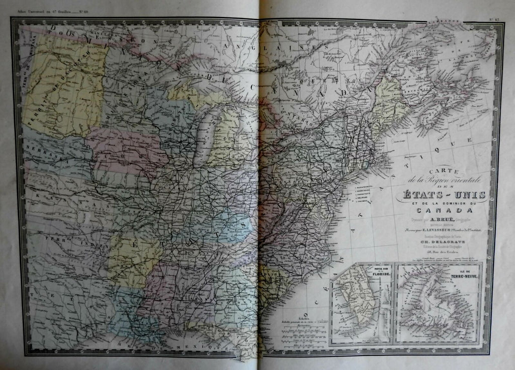 Eastern United States 1875 Brue engraved map hand color