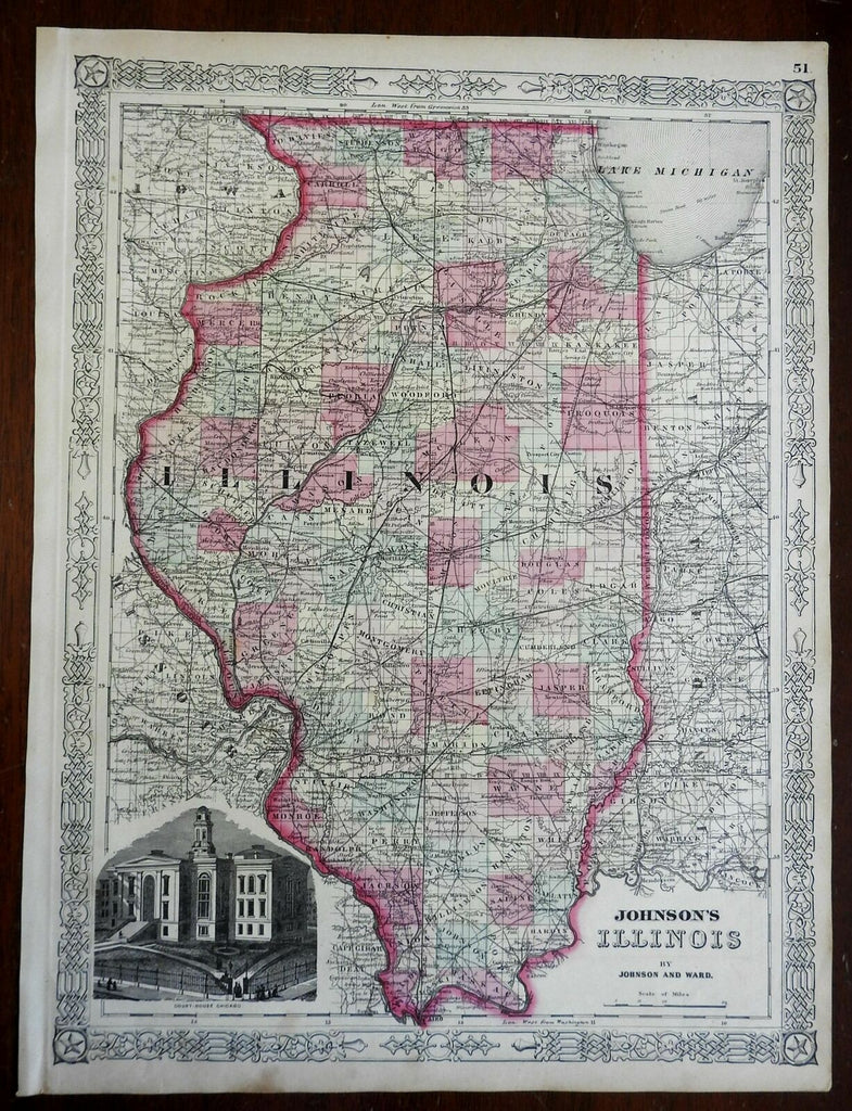 Illinois Chicago Court House Springfield 1864 Johnson & Ward civil war era map