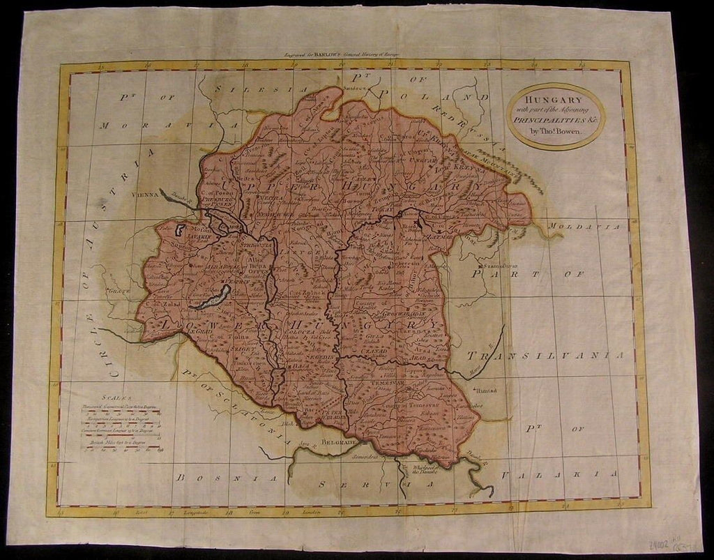 Hungary Serbia Transylvania 1780 by Bowen folio antique map hand color