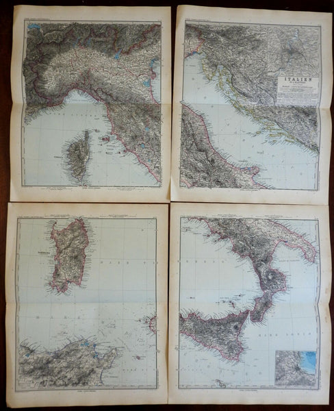 Italy 4 sheet wall map Rome Florence Naples Venice 1891 Stieler detailed map