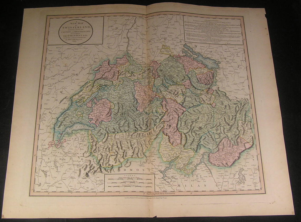 Switzerland Cantons Lake Geneva Bern Alps 1799 Cary fine antique hand color map