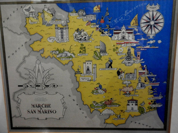 San Marino & Marche Italy Urbino Ancona Montebello c. 1950 framed cartoon map