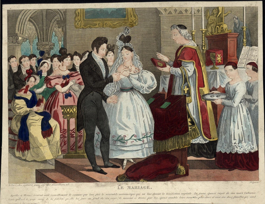 Marriage ceremony Le Mariage ca. 1840 beautiful old hand color antique print