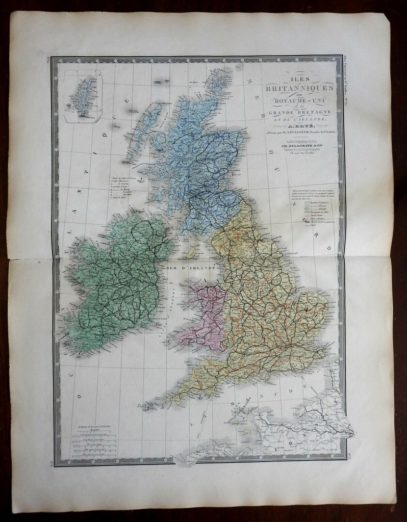 British Isles Ireland United Kingdom 1850's Brue large detailed map hand color