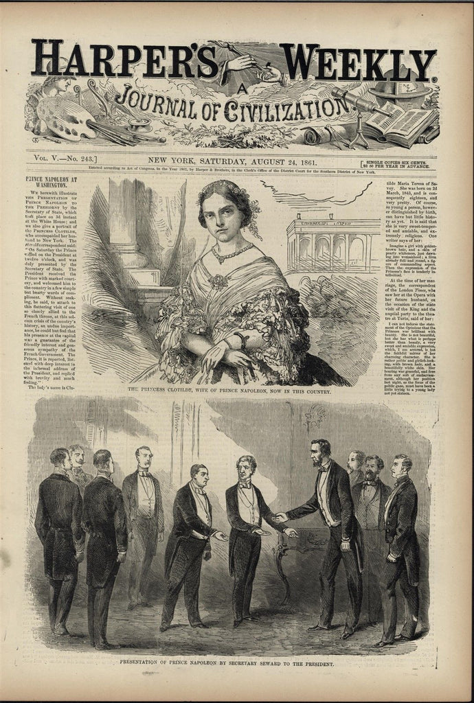President Lincoln meets Prince Napoleon Seward 1861 old Harpers Civil War print