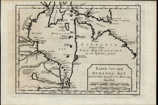 Hudson Bay Labrador Mansfield Island Canada 1744 antique engraved map