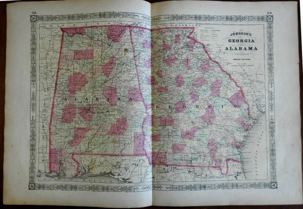 Georgia and Alabama states 1864 Johnson & Ward map Civil Ware-era Issue