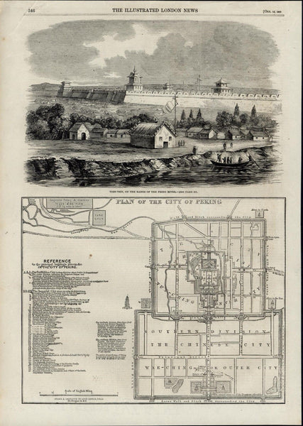 Peking City Plan Tien-Tsin Fort Temples River wonderful 1860 unusual old print
