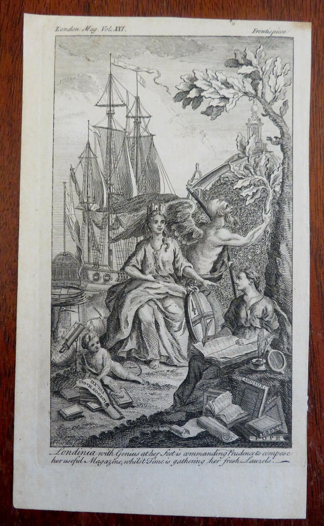 London Allegorical Frontispiece Sailing Ship Books of Knowledge 1750 print