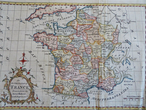 Kingdom of France 1766 Robert de Vaugondy decorative hand color map Rollos eng.